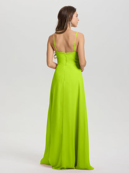 A-Line Spaghetti Straps V-Neck Floor Length Chiffon Bridesmaid Dress