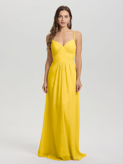 A-Line Spaghetti Straps V-Neck Floor Length Chiffon Bridesmaid Dress