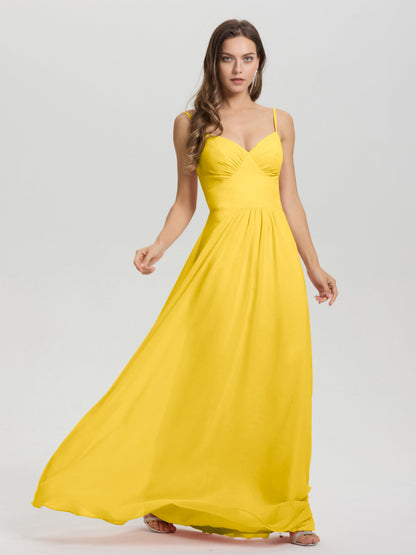 A-Line Spaghetti Straps V-Neck Floor Length Chiffon Bridesmaid Dress