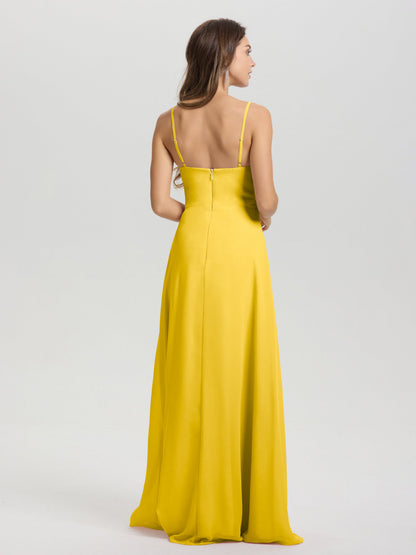 A-Line Spaghetti Straps V-Neck Floor Length Chiffon Bridesmaid Dress
