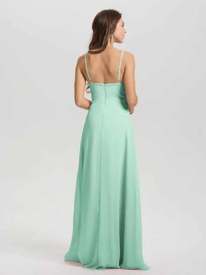 A-Line Spaghetti Straps V-Neck Floor Length Chiffon Bridesmaid Dress