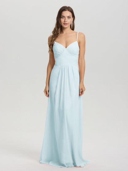 A-Line Spaghetti Straps V-Neck Floor Length Chiffon Bridesmaid Dress