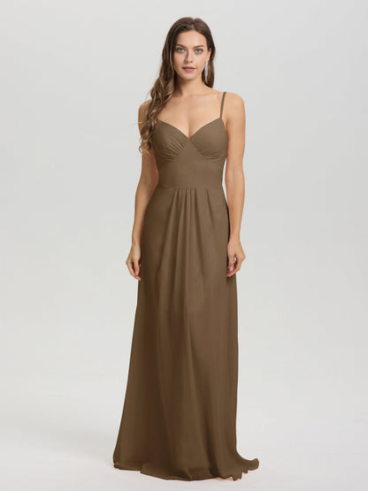 A-Line Spaghetti Straps V-Neck Floor Length Chiffon Bridesmaid Dress