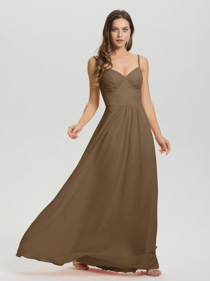 A-Line Spaghetti Straps V-Neck Floor Length Chiffon Bridesmaid Dress