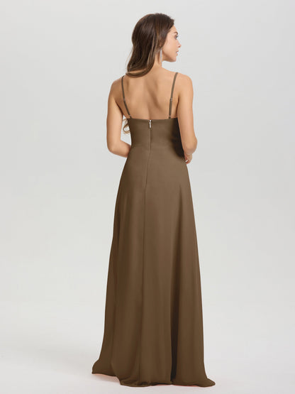 A-Line Spaghetti Straps V-Neck Floor Length Chiffon Bridesmaid Dress