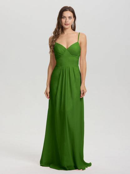 A-Line Spaghetti Straps V-Neck Floor Length Chiffon Bridesmaid Dress