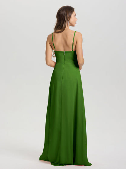A-Line Spaghetti Straps V-Neck Floor Length Chiffon Bridesmaid Dress