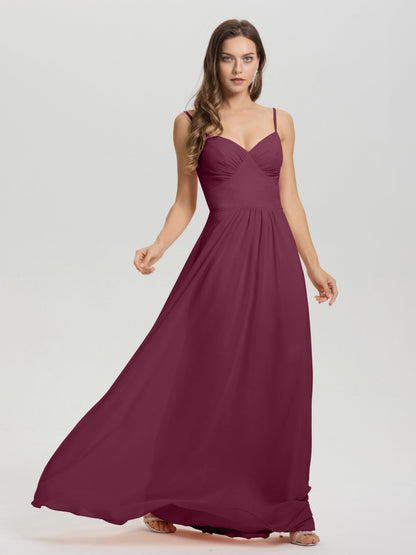 A-Line Spaghetti Straps V-Neck Floor Length Chiffon Bridesmaid Dress