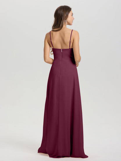 A-Line Spaghetti Straps V-Neck Floor Length Chiffon Bridesmaid Dress