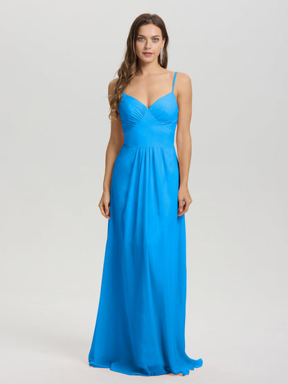 A-Line Spaghetti Straps V-Neck Floor Length Chiffon Bridesmaid Dress