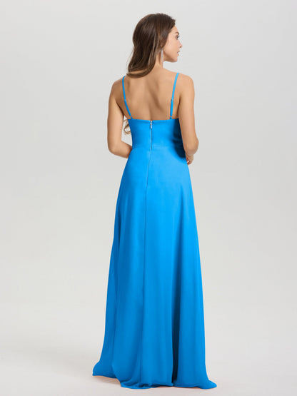 A-Line Spaghetti Straps V-Neck Floor Length Chiffon Bridesmaid Dress