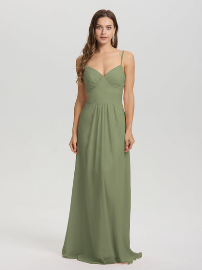 A-Line Spaghetti Straps V-Neck Floor Length Chiffon Bridesmaid Dress
