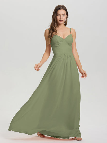 A-Line Spaghetti Straps V-Neck Floor Length Chiffon Bridesmaid Dress