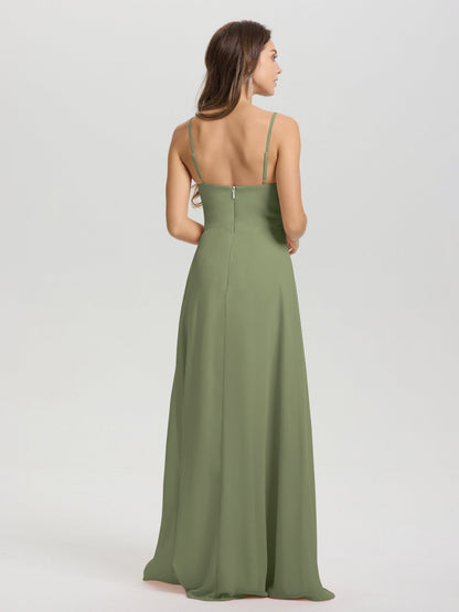 A-Line Spaghetti Straps V-Neck Floor Length Chiffon Bridesmaid Dress