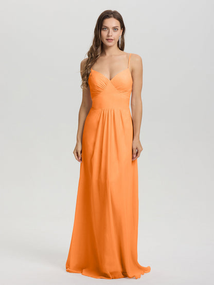 A-Line Spaghetti Straps V-Neck Floor Length Chiffon Bridesmaid Dress