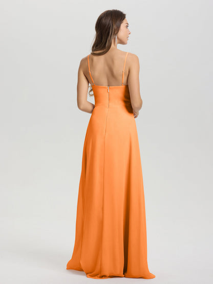 A-Line Spaghetti Straps V-Neck Floor Length Chiffon Bridesmaid Dress