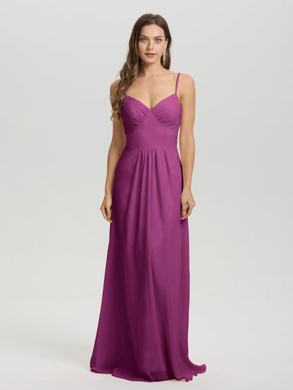 A-Line Spaghetti Straps V-Neck Floor Length Chiffon Bridesmaid Dress
