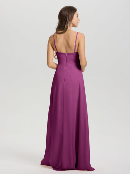 A-Line Spaghetti Straps V-Neck Floor Length Chiffon Bridesmaid Dress