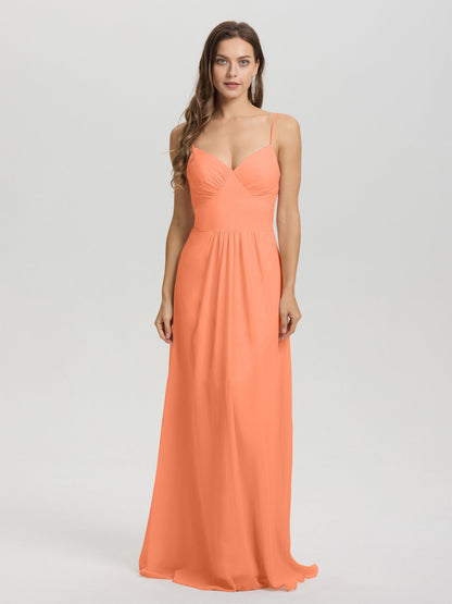 A-Line Spaghetti Straps V-Neck Floor Length Chiffon Bridesmaid Dress