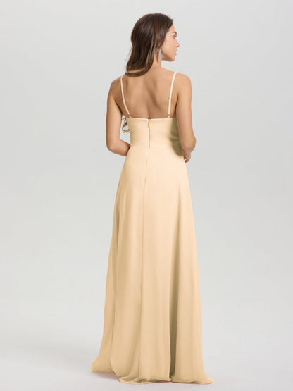A-Line Spaghetti Straps V-Neck Floor Length Chiffon Bridesmaid Dress