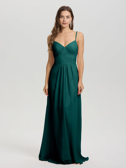 A-Line Spaghetti Straps V-Neck Floor Length Chiffon Bridesmaid Dress