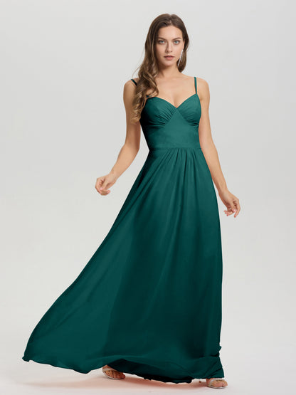 A-Line Spaghetti Straps V-Neck Floor Length Chiffon Bridesmaid Dress