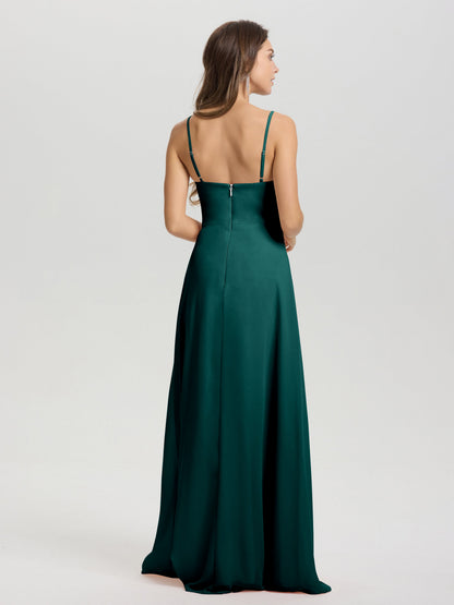 A-Line Spaghetti Straps V-Neck Floor Length Chiffon Bridesmaid Dress