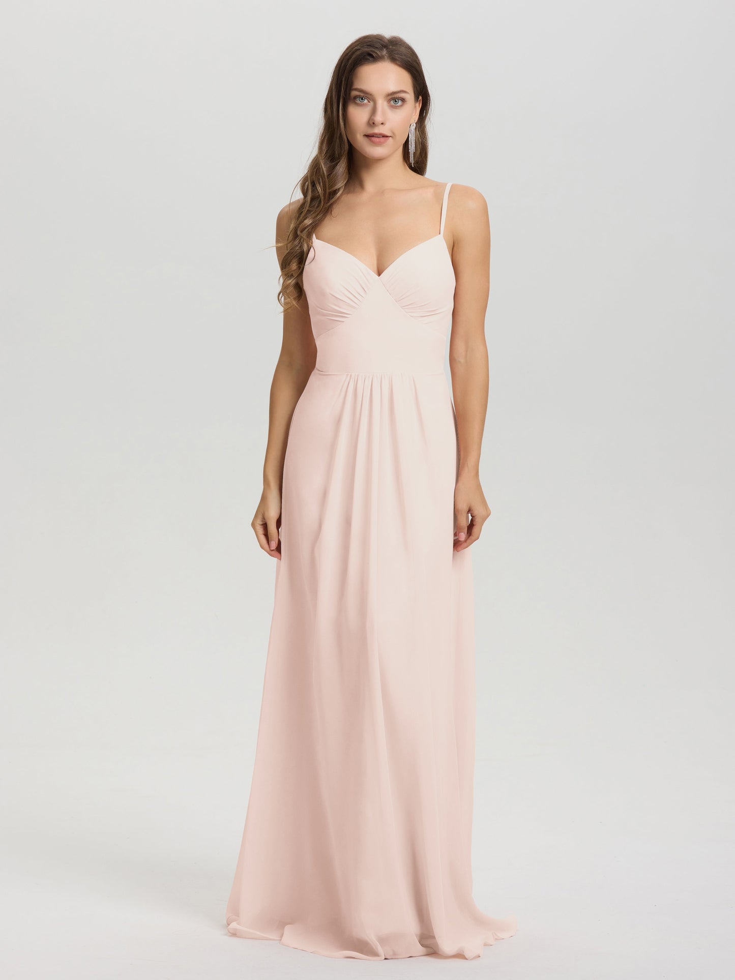 A-Line Spaghetti Straps V-Neck Floor Length Chiffon Bridesmaid Dress