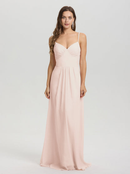 A-Line Spaghetti Straps V-Neck Floor Length Chiffon Bridesmaid Dress