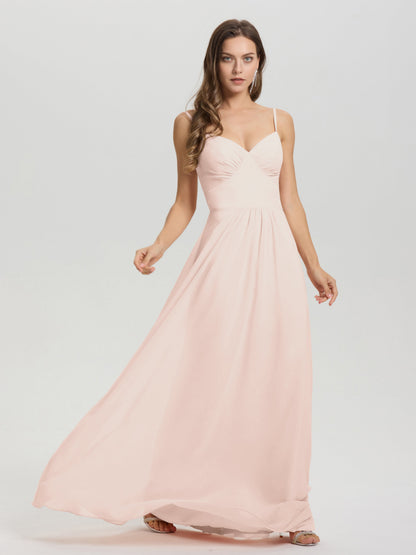 A-Line Spaghetti Straps V-Neck Floor Length Chiffon Bridesmaid Dress