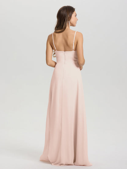A-Line Spaghetti Straps V-Neck Floor Length Chiffon Bridesmaid Dress