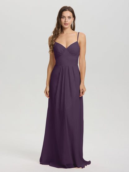 A-Line Spaghetti Straps V-Neck Floor Length Chiffon Bridesmaid Dress