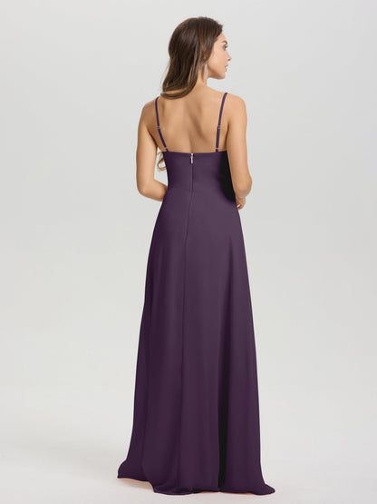 A-Line Spaghetti Straps V-Neck Floor Length Chiffon Bridesmaid Dress