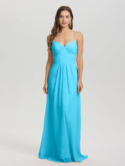 A-Line Spaghetti Straps V-Neck Floor Length Chiffon Bridesmaid Dress
