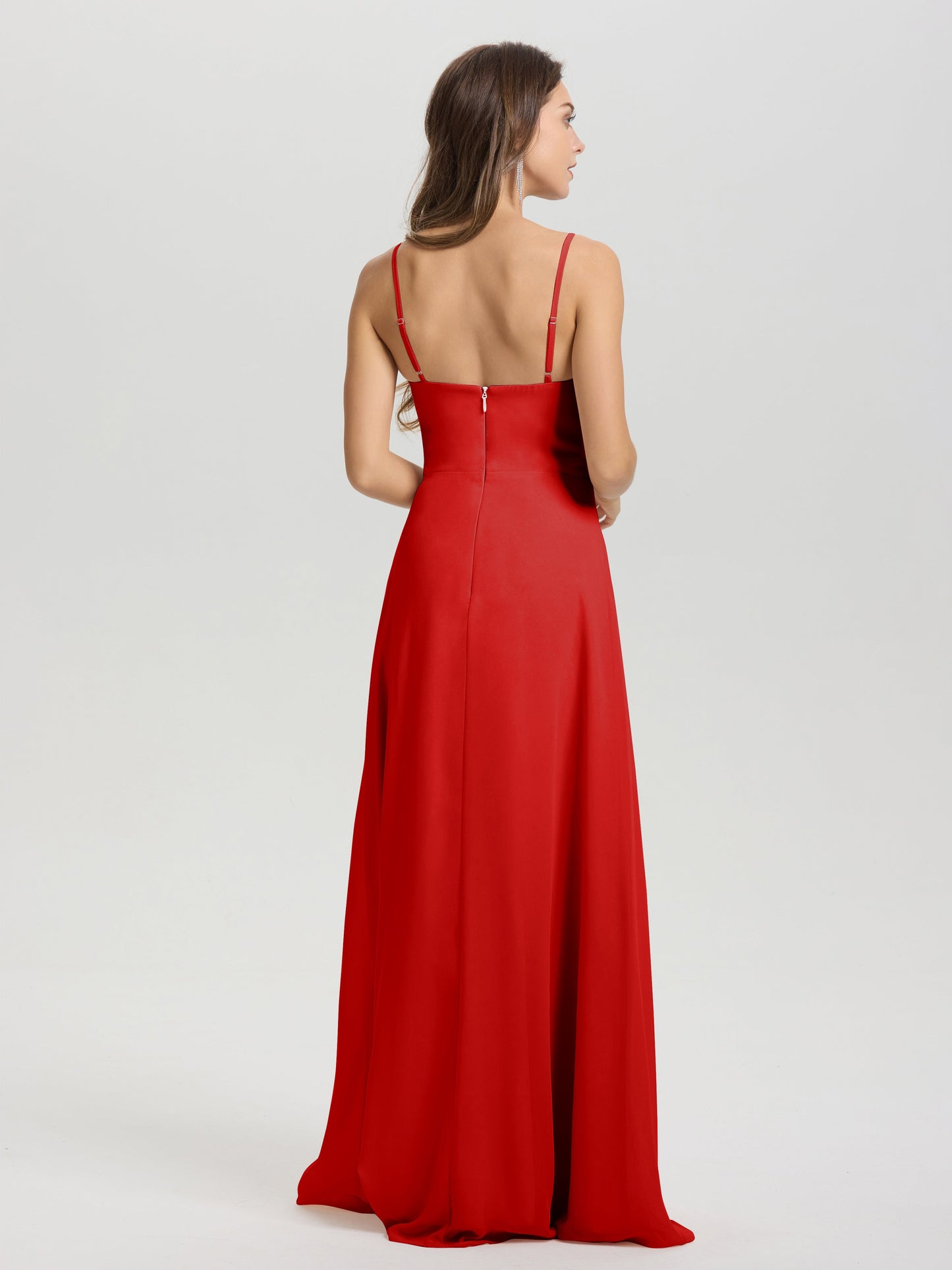 A-Line Spaghetti Straps V-Neck Floor Length Chiffon Bridesmaid Dress