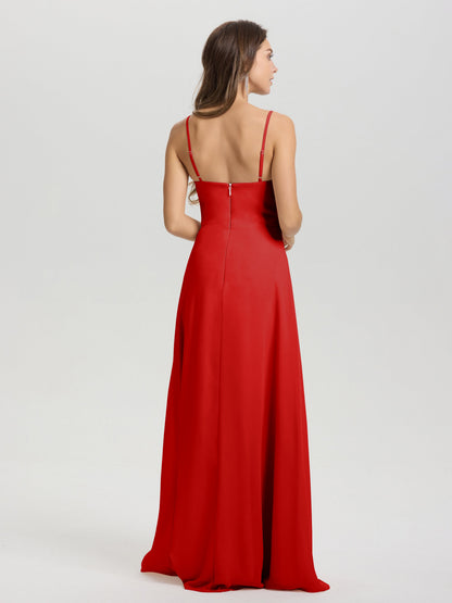 A-Line Spaghetti Straps V-Neck Floor Length Chiffon Bridesmaid Dress