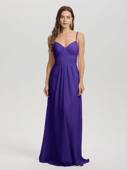 A-Line Spaghetti Straps V-Neck Floor Length Chiffon Bridesmaid Dress