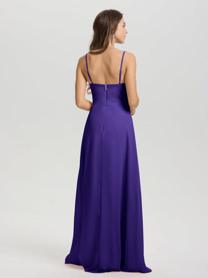 A-Line Spaghetti Straps V-Neck Floor Length Chiffon Bridesmaid Dress