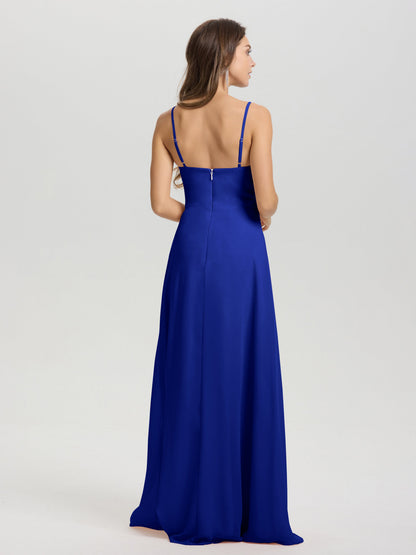 A-Line Spaghetti Straps V-Neck Floor Length Chiffon Bridesmaid Dress