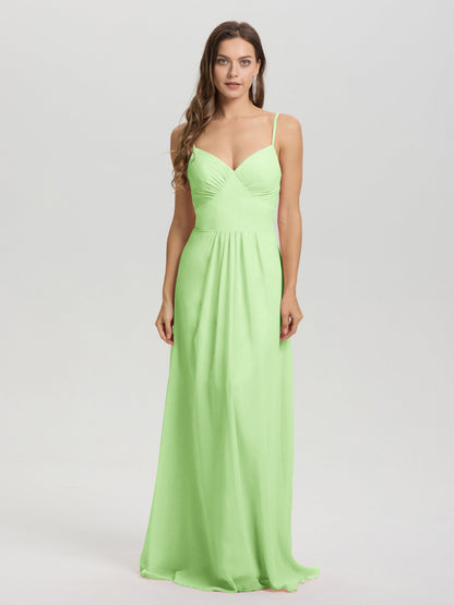 A-Line Spaghetti Straps V-Neck Floor Length Chiffon Bridesmaid Dress