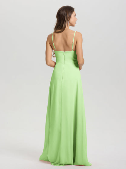 A-Line Spaghetti Straps V-Neck Floor Length Chiffon Bridesmaid Dress