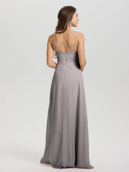 A-Line Spaghetti Straps V-Neck Floor Length Chiffon Bridesmaid Dress
