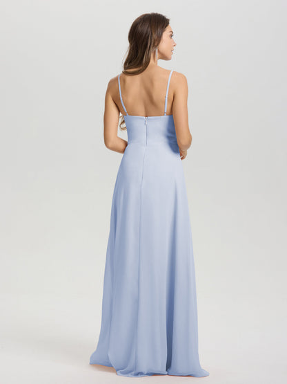 A-Line Spaghetti Straps V-Neck Floor Length Chiffon Bridesmaid Dress