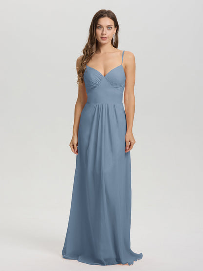 A-Line Spaghetti Straps V-Neck Floor Length Chiffon Bridesmaid Dress