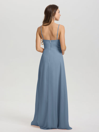 A-Line Spaghetti Straps V-Neck Floor Length Chiffon Bridesmaid Dress