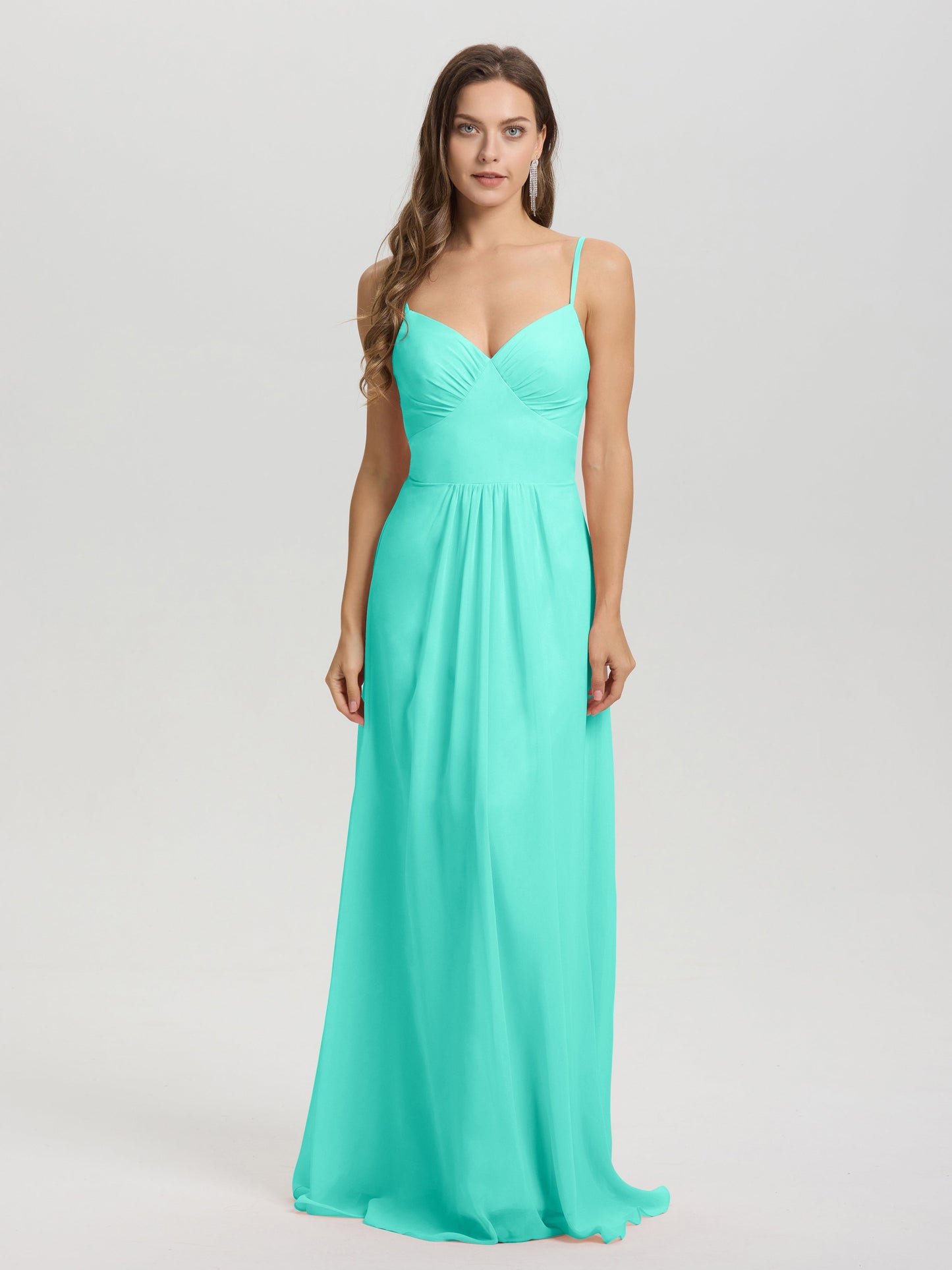A-Line Spaghetti Straps V-Neck Floor Length Chiffon Bridesmaid Dress