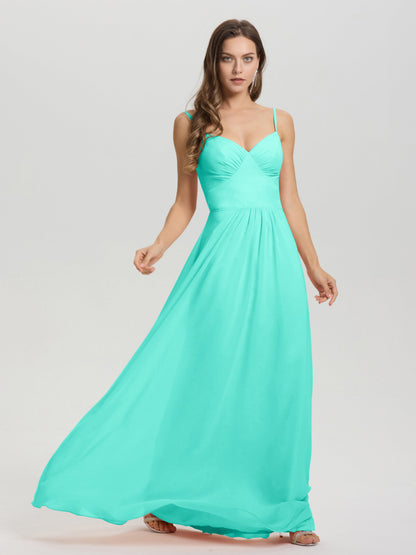 A-Line Spaghetti Straps V-Neck Floor Length Chiffon Bridesmaid Dress