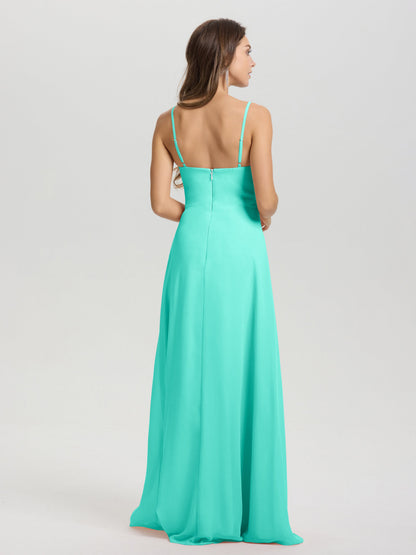 A-Line Spaghetti Straps V-Neck Floor Length Chiffon Bridesmaid Dress