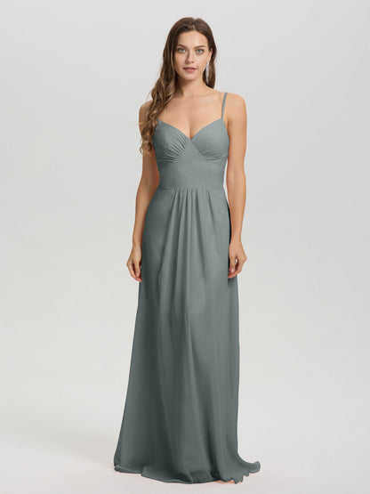 A-Line Spaghetti Straps V-Neck Floor Length Chiffon Bridesmaid Dress