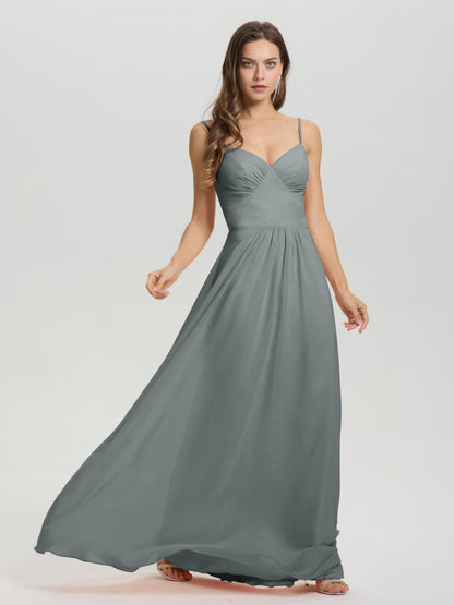 A-Line Spaghetti Straps V-Neck Floor Length Chiffon Bridesmaid Dress